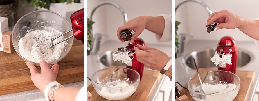 A bowl of body butter whipped with an electric whisk, and essential oil dripped in.