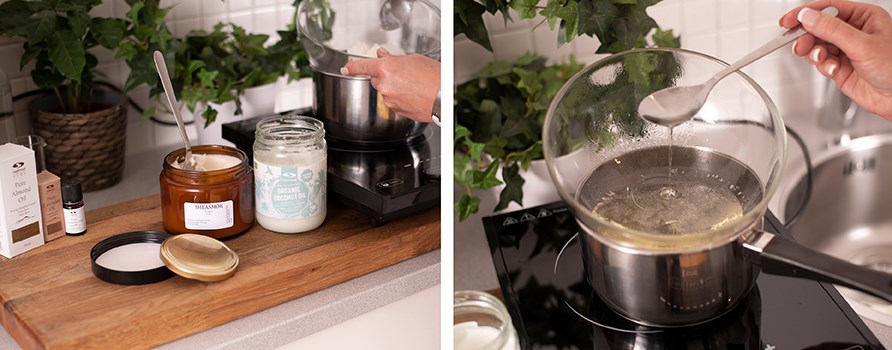 Ingredients for body butter and shea butter melting in a water bath.