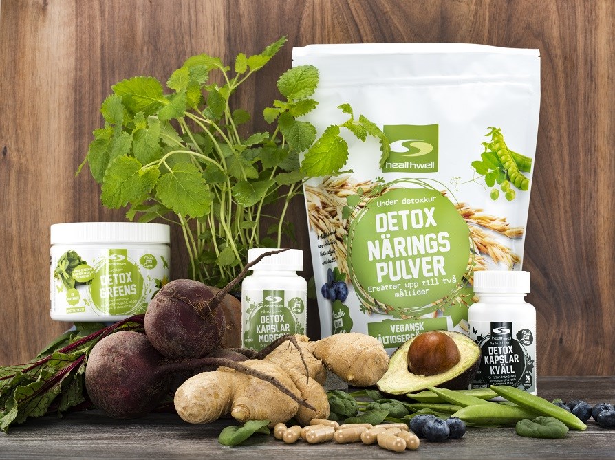 Picture of different products from our detox series; Detox Greens, Detox Nutrition Powder, Detox Capsules Morning and Detox Capsules Evening.