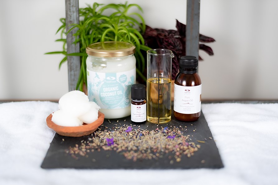 Healthwell coconut oil, Pure lavender oil and Pure Argan oil.