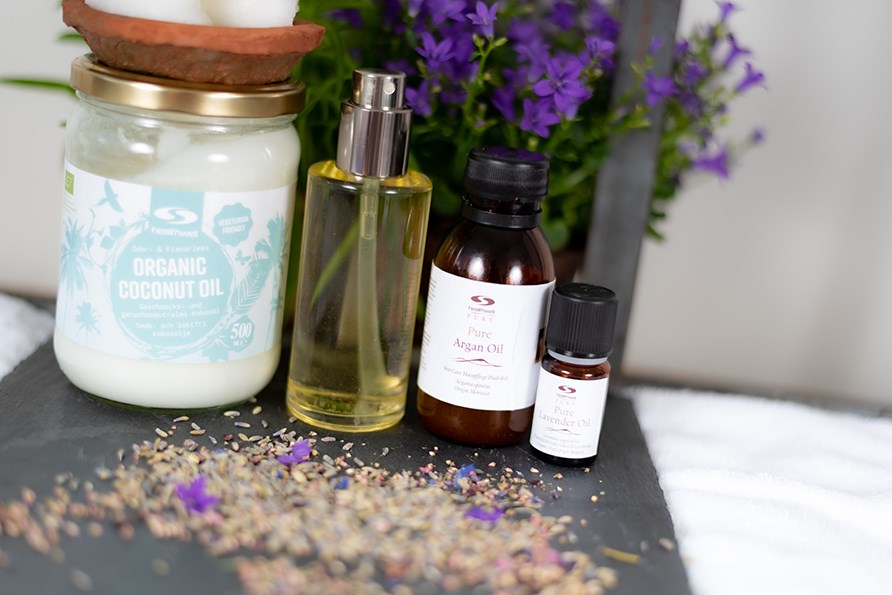 Healthwell coconut oil, Pure lavender oil and Pure Argan oil. Pre-made body oil in a bottle.