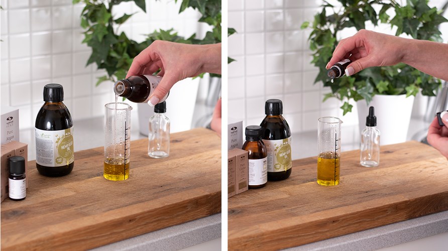 Two pictures of a person pouring oil and essential oil into a measuring glass.